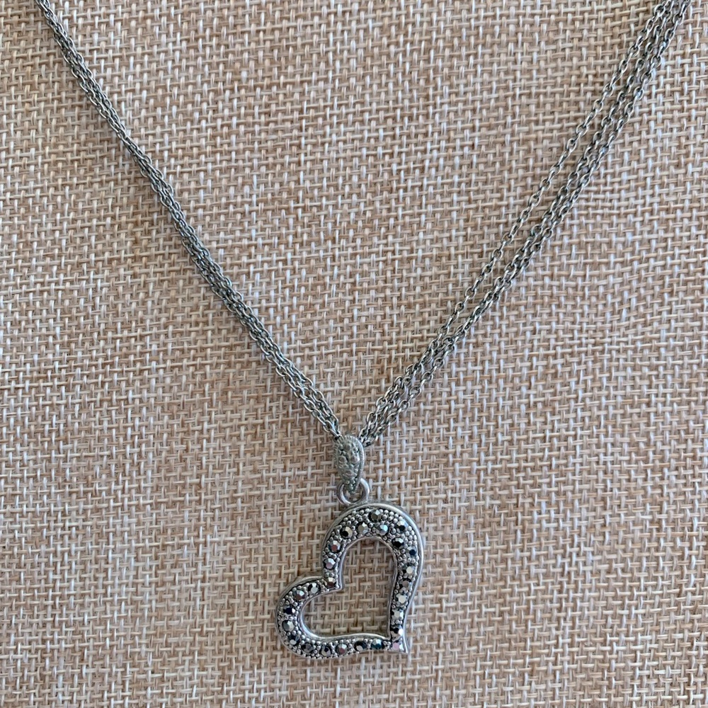 Cookie Lee Heart Marcasite Triple Strand Silver Tone Necklace